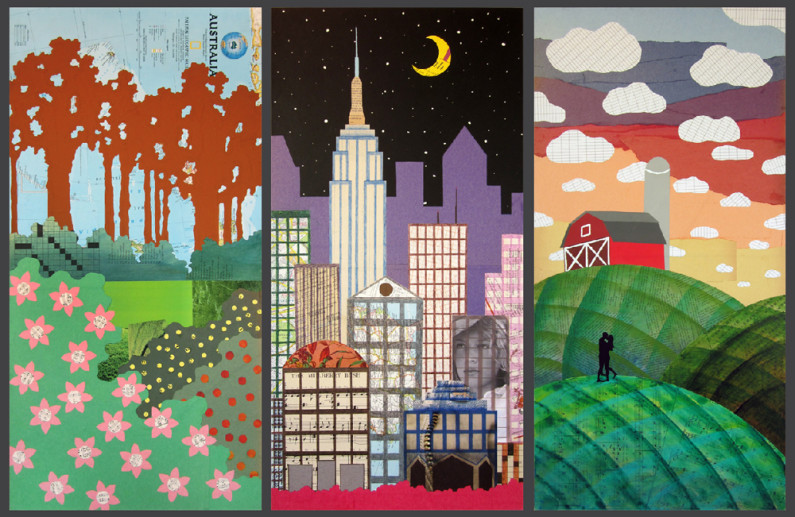 Global Triptych / 2013 / collage, gouache, acrylic, & colored pencil on board / each 15x30" / sold